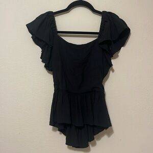 Miou Muse Black Crinkled Ruffle Tied-Back Top